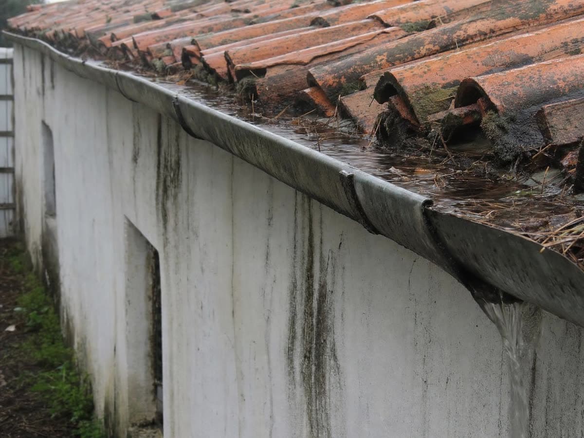 Caleira cheia de folhas e musgo a transbordar, com escorrências escuras na parede branca