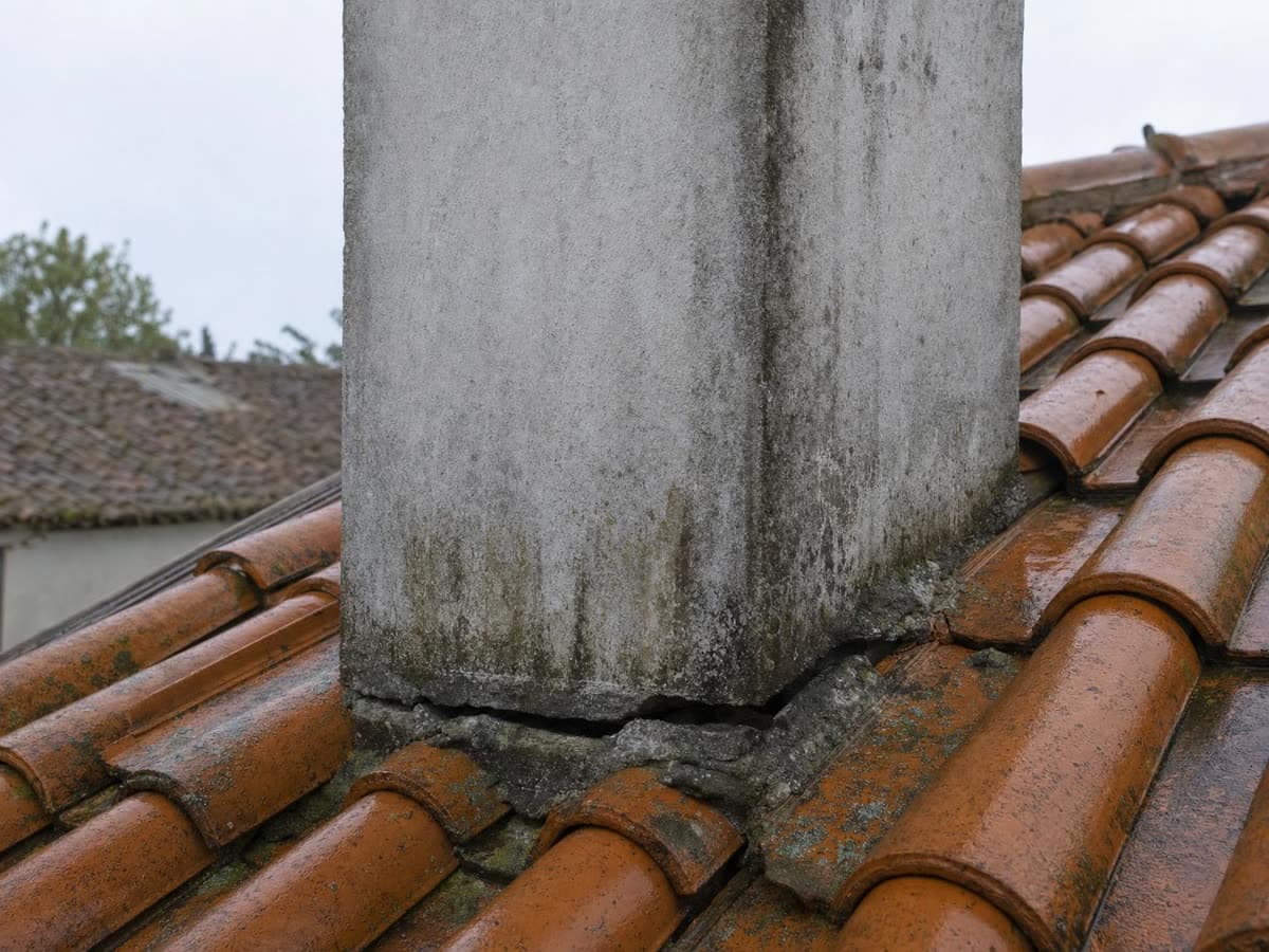 Base de uma chaminé num telhado de telha, com a argamassa rachada e manchas de humidade