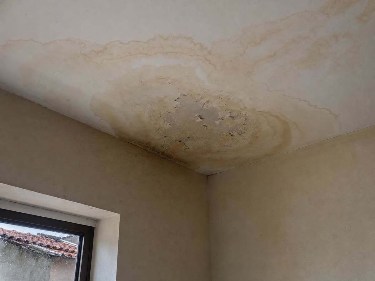 Canto de uma sala com uma mancha de infiltração amarelada no teto e a tinta a descascar