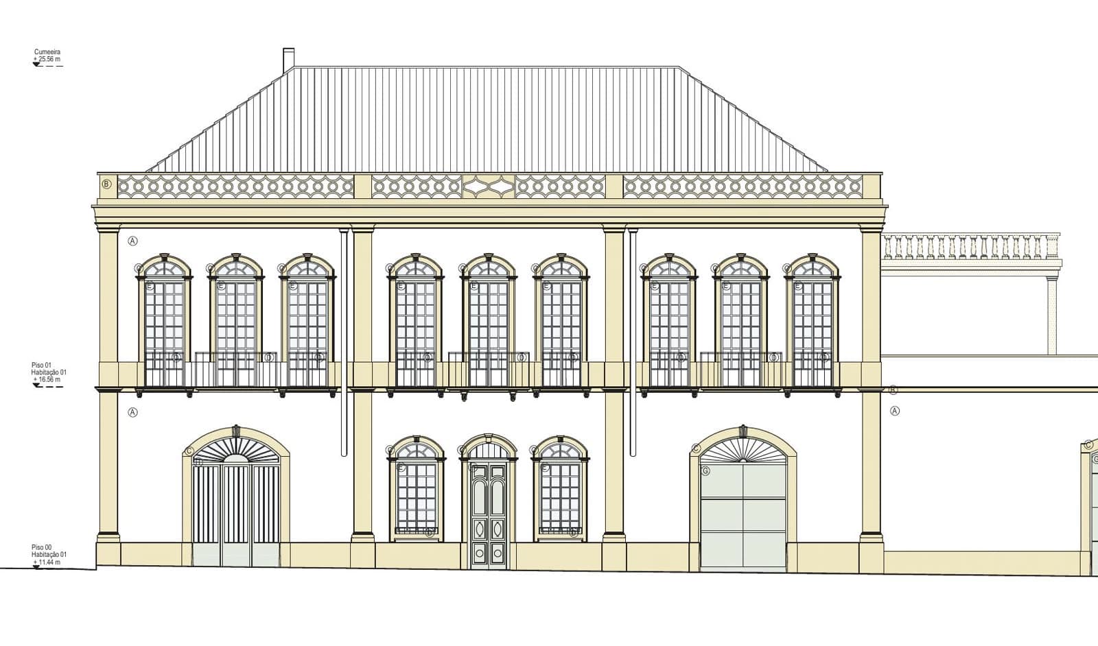 Alçado principal do projeto de reabilitação do palacete de Almeirim