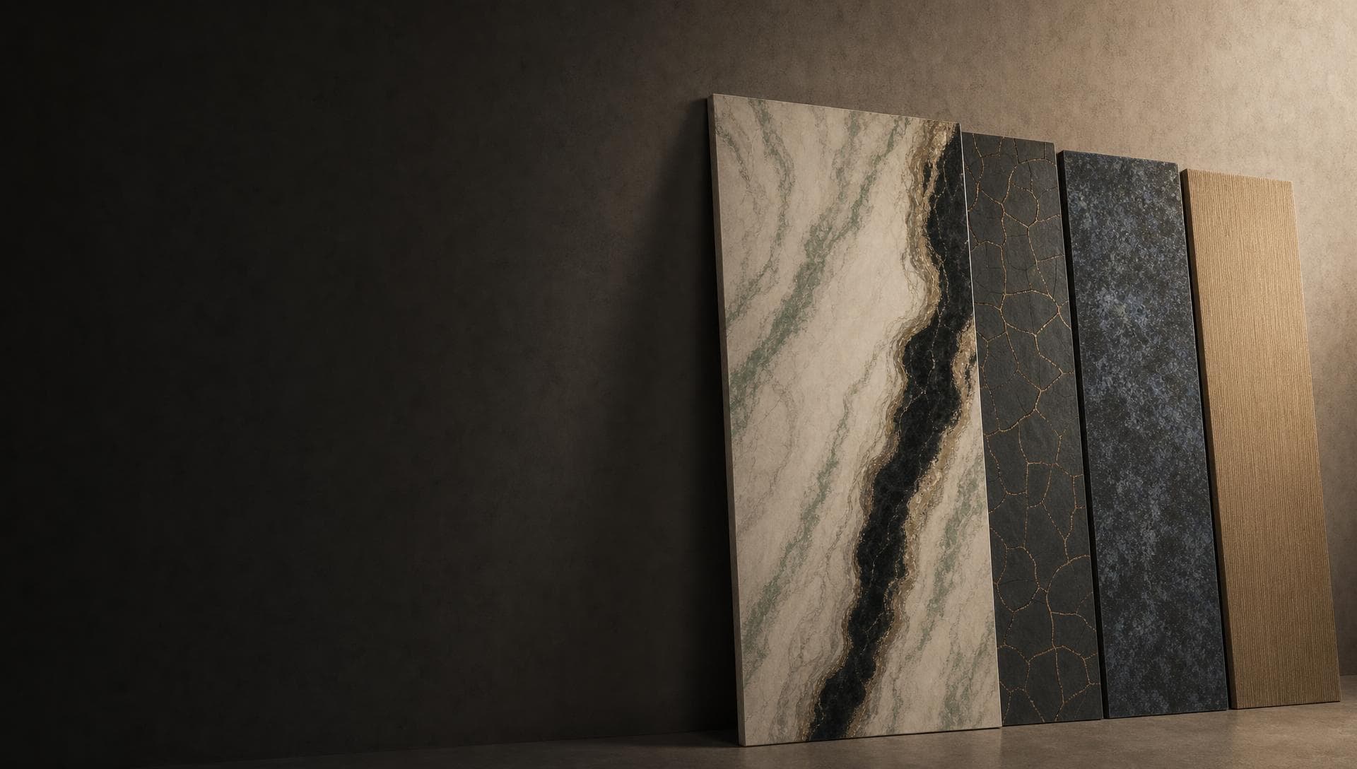 Quatro painéis de amostra encostados à parede do atelier, sob luz rasante: efeito mármore, craquelê, Pantera e Filo d'Oriente